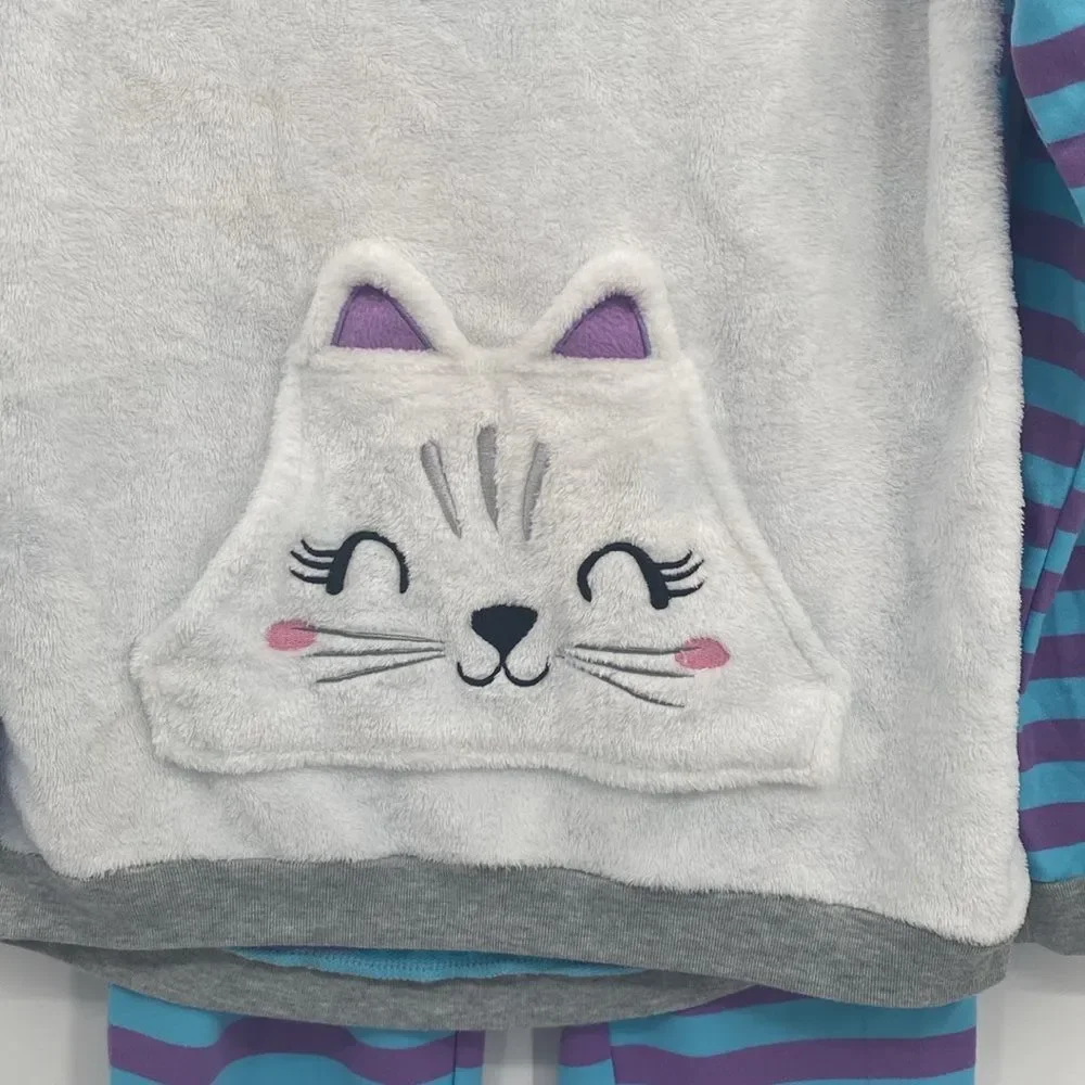 Saint Eve Kids Pajama Set Fuzzy Cat Pocket Sweatshirt Striped Pants L 14/16